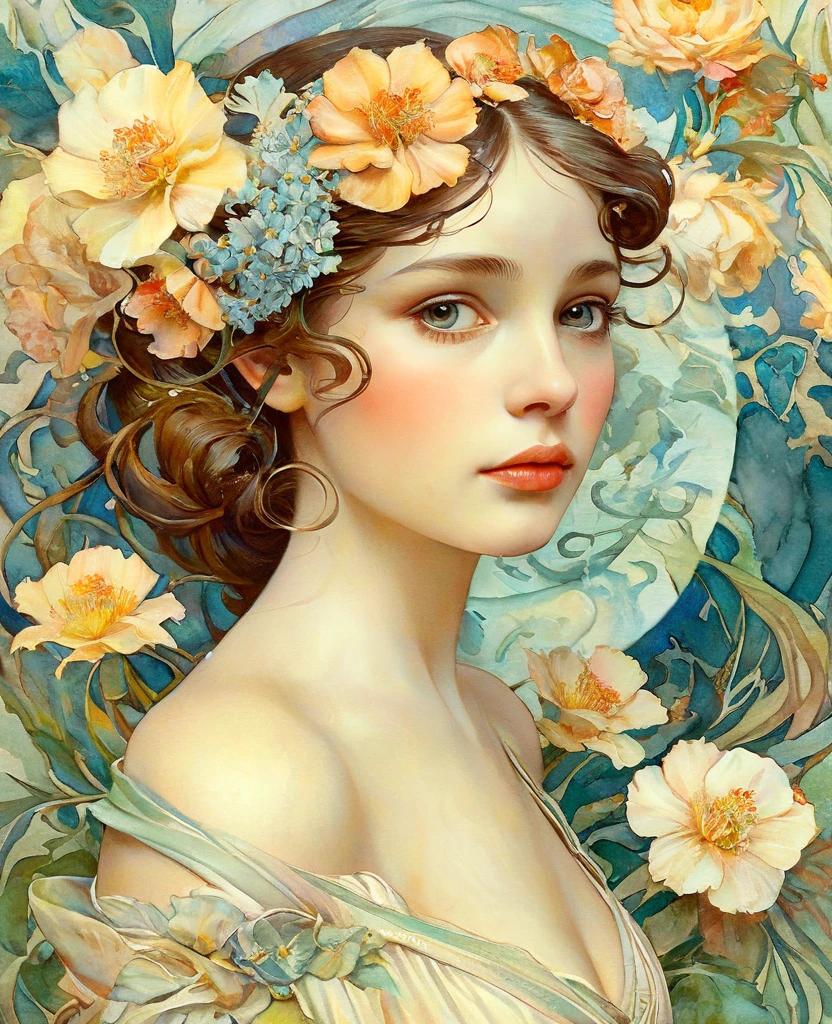 Depicts a beautiful woman with flowers in her hair, (Audrey Hepburn:1.3), Highly detailed watercolor painting, The style of Alfons Maria Mucha and Gustav Kirmut, Art Nouveau accents, Fairy Princess, Anthropomorphic woman, Female figure, Detailed cover artwork, As the Flower Goddess, Alphonse Mucha, Gustav Klimt, Pale skin, Marble sculpture, society, Gothic art, Art Nouveau, Behance Contest Winner