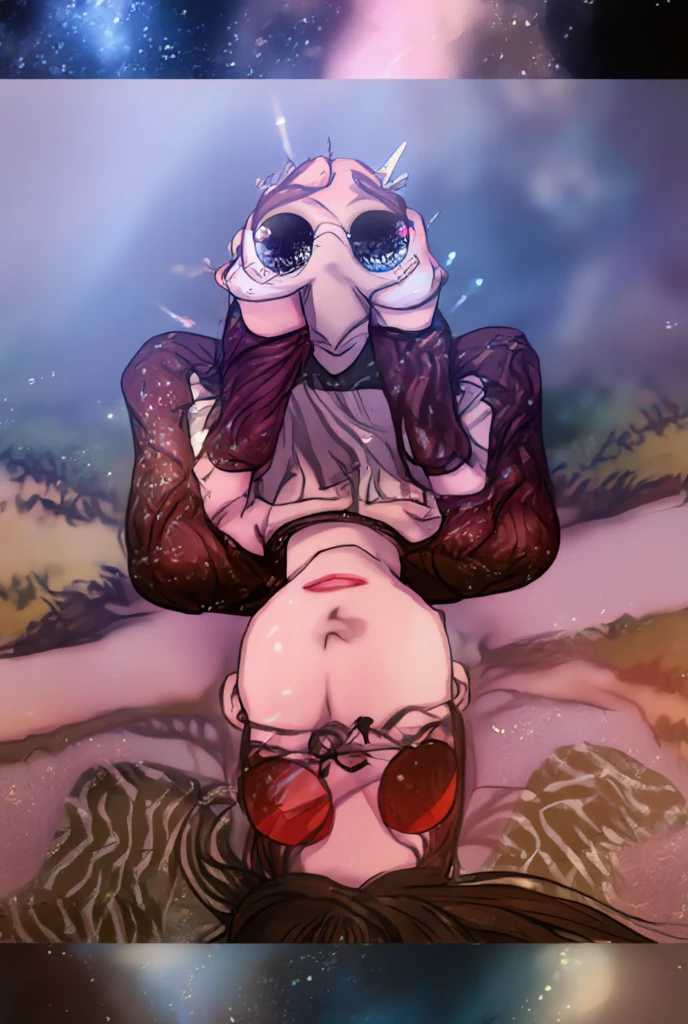 short hair girl lying on the grass. She is naked. She is having sex with her boyfriend 