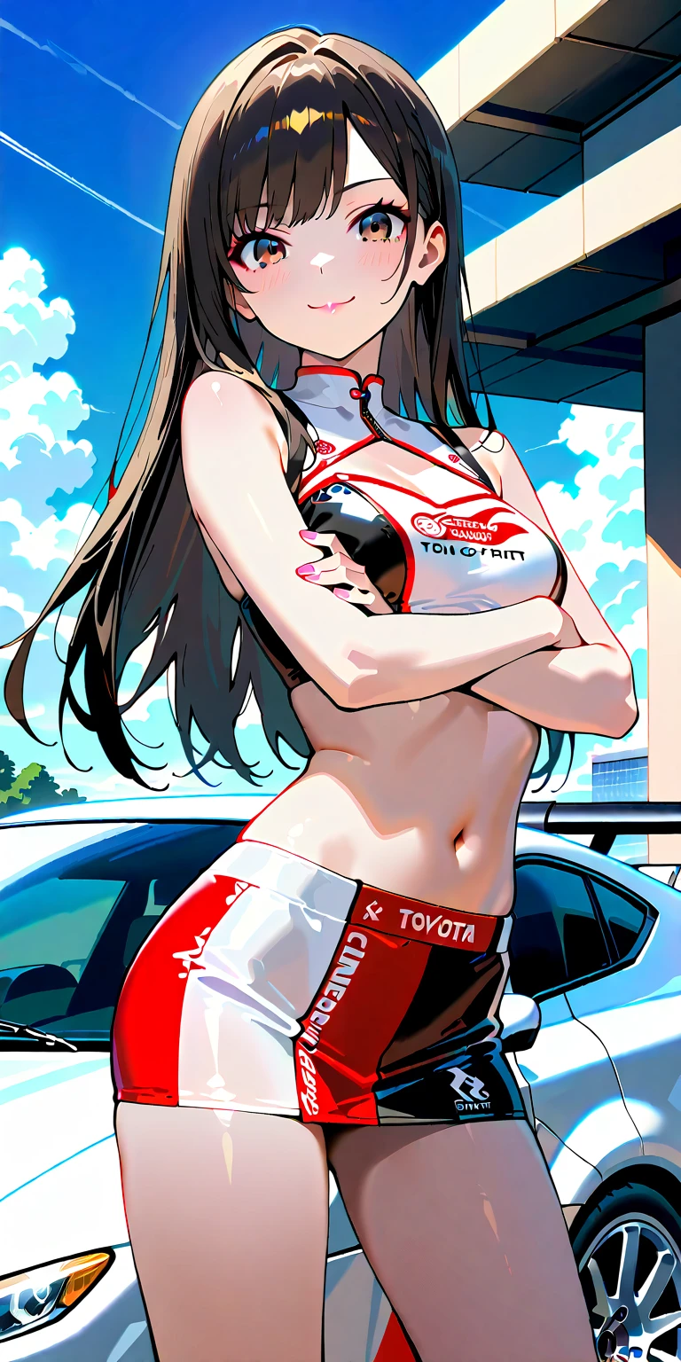 Highest quality,masterpiece,Auto racing circuit,Supermodel,risqué Brazilian swimwear,Checkered Flag,smile,Race Queen