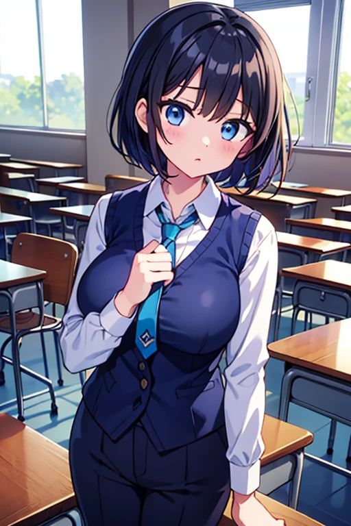Anime Moe Art Style,Highest quality,High resolution,Anatomically correct,Multiple Girls,Mid-s,Mr.々Hair style,Super detailed,Big Breasts,Shiny skin,Beautiful Skin,A rich expression,Bright smile,high school girl,Gal-style girl,Little devil girl,Nipples are visible,classroom,blazer,mini skirt,Showing off her removed bra,sexy,Eyes drawn in detail,8K