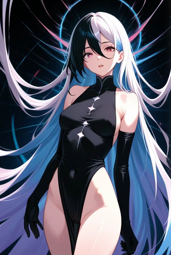 woman. Close your eyes.. Close your eyes.สองข้าง. bluish white hair. Long hair, right side swept hair. I closed my right eye. smile. Black leotard.