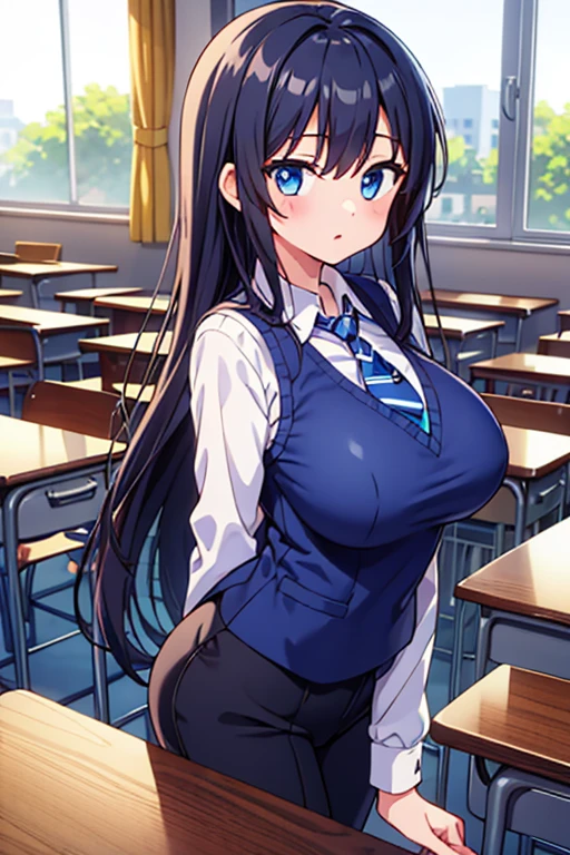 Top quality, classroom,  high school girl, beautiful face, beautiful eyes, intelligent look. beautiful woman, elegant face,  intelligent face, bewitching smile, beautiful glossy black hair, straight long hair, huge breasts, curvaceous beauty, narrow waist, , White sailor uniform, red ribbon tie, short navy pleated skirt, elegant behavior