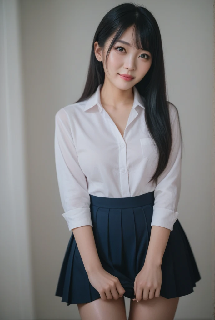In the middle of the city,RAW photos,8k,HighestQuali, Ultra-high resolution,Beautiful face details,Real human skin,An expression of happiness,up front view,From the angle below,Long hair with a shawl,realisticlying,realisticlying,adolable,short skirt,Walking posture,cute female student,Japanese uniform,Wearing a Japanese ,Uniforms,Surreal high school girl,full bodyesbian,