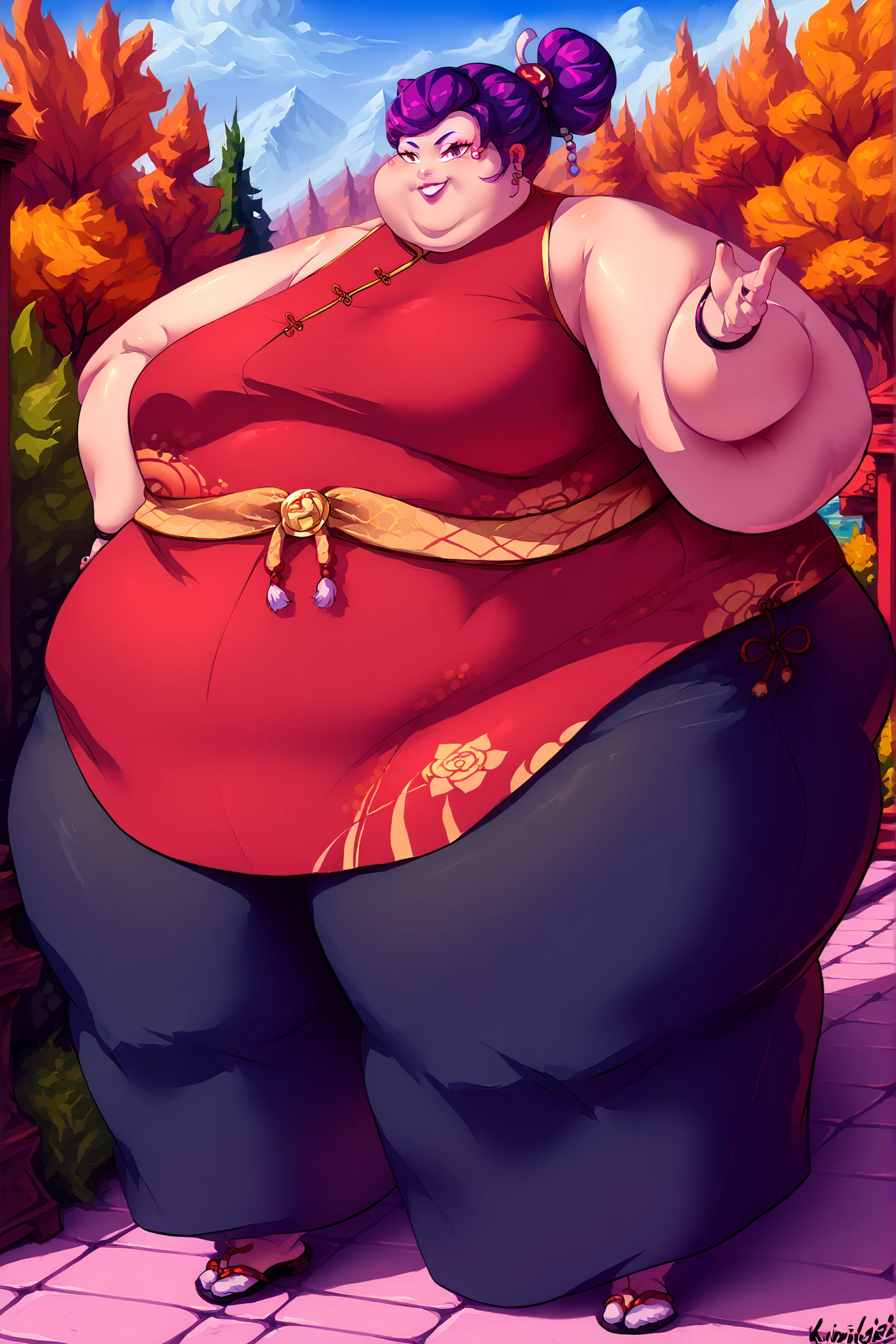 (masterpiece, best quality, high resolution, unity 8k wallpaper, extremely detailed CG:1), (illustration:1.0), 1girl,solo, Chinese clothes, sash, bare shoulders, pants, sleeveless, full body, outdoors, smile
