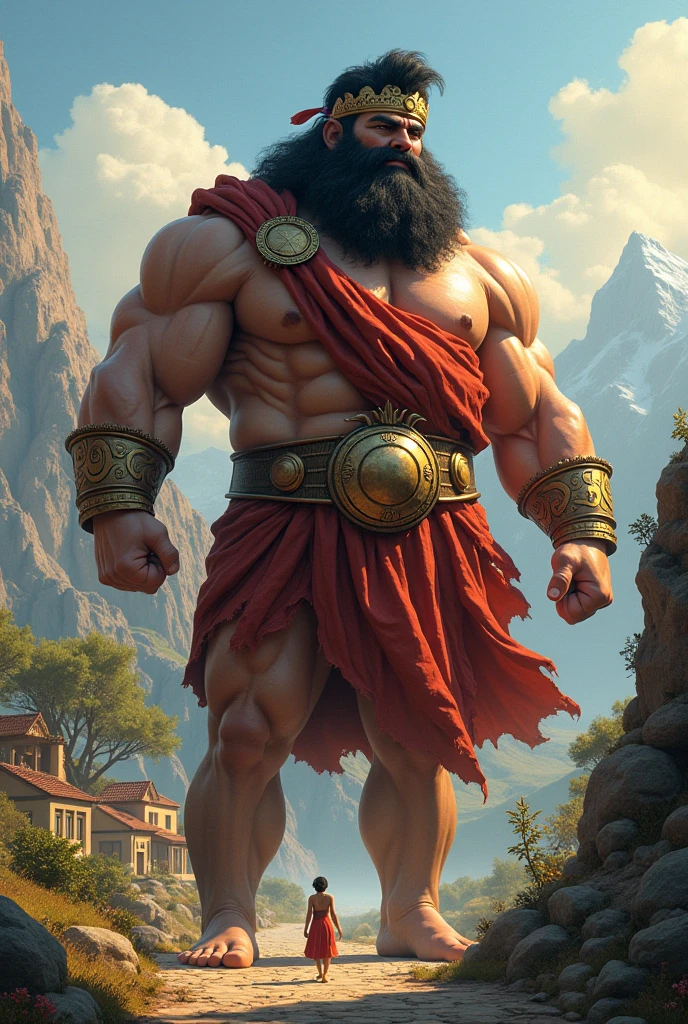 Sculpted hero, upper body uncovered, legs exposed from thighs to feet, bearded with beaded facial hair, luxuriant long curls, intricate muscularity, photorealistic portrayal, 4K resolution. Background: Epic battlefield with ancient ruins.,32k uhd, best quality, masterpiece, super detail, high details