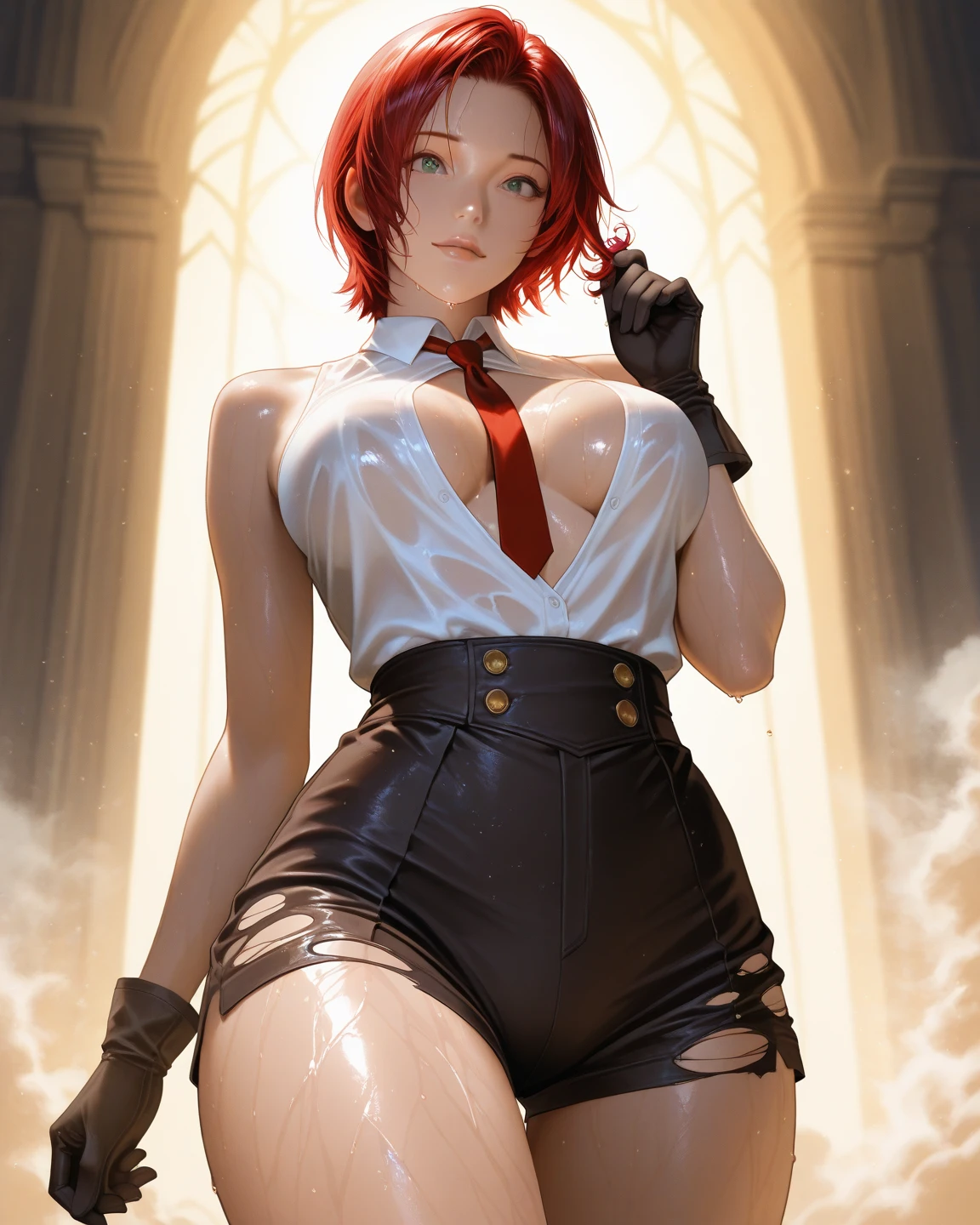 ((masterpiece, best quality, ultra-detailed, ultra-HD, photorealistic, cinematic)), (alluring anime girl, Nami of One Piece anime), (average height), (surrealism), (wide shot, full body view:1.5), perfect body, sexy body, perfect face, perfect hands, delicate face, large cleavage, round ass, long round legs, (short orange hair with particularly curled strand over the left side of her face), (orange miniskirt with two white rings on each side filled in with orange in their centers), (short sleeves that were long enough to hide her tattoo on her left shoulder that showed that she was a member of the Arlong Pirates.), (sensual pose), (gradient background:1.2), brown eyes, detailed pupils, deep red lips, blushing, slightly parted lips