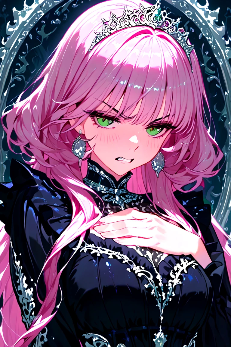 ((Highest quality)), ((masterpiece)), (detailed), （Perfect Face）、The woman is Lacus Clyne, a villainous mafia girl with blue eyes and medium-long pink hair, wearing black clothes, sunglasses, and luxurious accessories.、She is being held close by the mafia boss