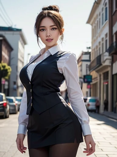 17 year old girl, she is the most beautiful actress in the world, the perfect body proportions of this girl, the formal shirt and the blazer are clothing her large breasts, her crotch area of the panties between her bare legs are hardly hidden by the short skirt, only the front of her body is seen, she is standing straight at the street, nsfw, best quality, highly detailed, masterpiece, ultra high res, photo realistic, 8k, RAW photo