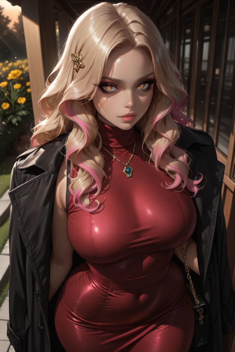 1girl,Alicia Viewsrtream, blonde hair, wavy hair, long hair, red eyes,red lips, (((bodycon)), cleavage, micro skirt, navel cutout, pinkish dress, ,incredibly absurdres,thighs,realistic,reality,hetero, best quality:1.4, intricate details, sharp focus, highres, elaborate atmosphere:0.90, 8K, 4K, UHD, 32k UHD resolution, Ultra Detailed 8K CG, ultra high res, High quality texture, High quality shadows, vivid colors, detailed eyes, depth of field, soft lighting, masterpiece, best quality, intricate, (lens reflection: 0.7), (flowering: 0.7), particle effects, ray tracing, tone mapping, highly detailed, concept art, smooth, sharp focus, dramatic lighting, highly detailed art, trending on Artstation, 8K, amazing shadows, realistic, (highly detailed background: 1.2),