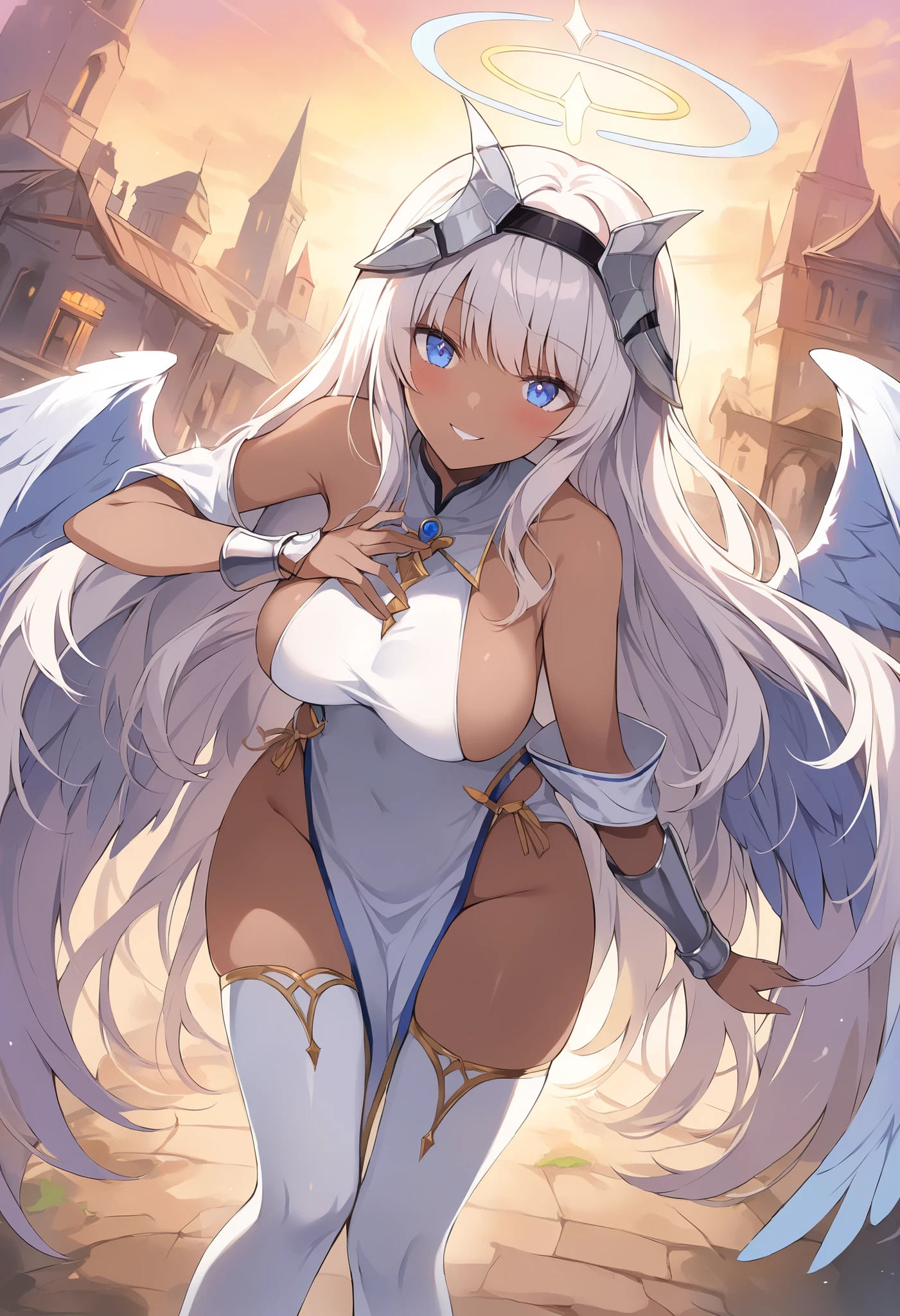Expressive eyes, (((1 Girl))), ((anime)), (Silver Hair), ((Red eyes)),(Half closed eyes), ((very Big Breasts)), ((Firm breasts)), ((Exposed thighs)),((goddess,Angel))((Arabian Dress,See through)), ((Big Breasts,Turn your back)), ((Blunt bangs)), ((People with dark skin,Tanned dark skin)), ((City of night)), Captivating smile, Princess Cut, Shiny Hair, (masterpiece), Anatomically correct art, Very detailed, Advanced Details, high quality, 最high quality, High resolution, 4K, 8K, ((Micro Mini Skirt)),(((Captivating smile))),Spread your legs,Micro Bikini