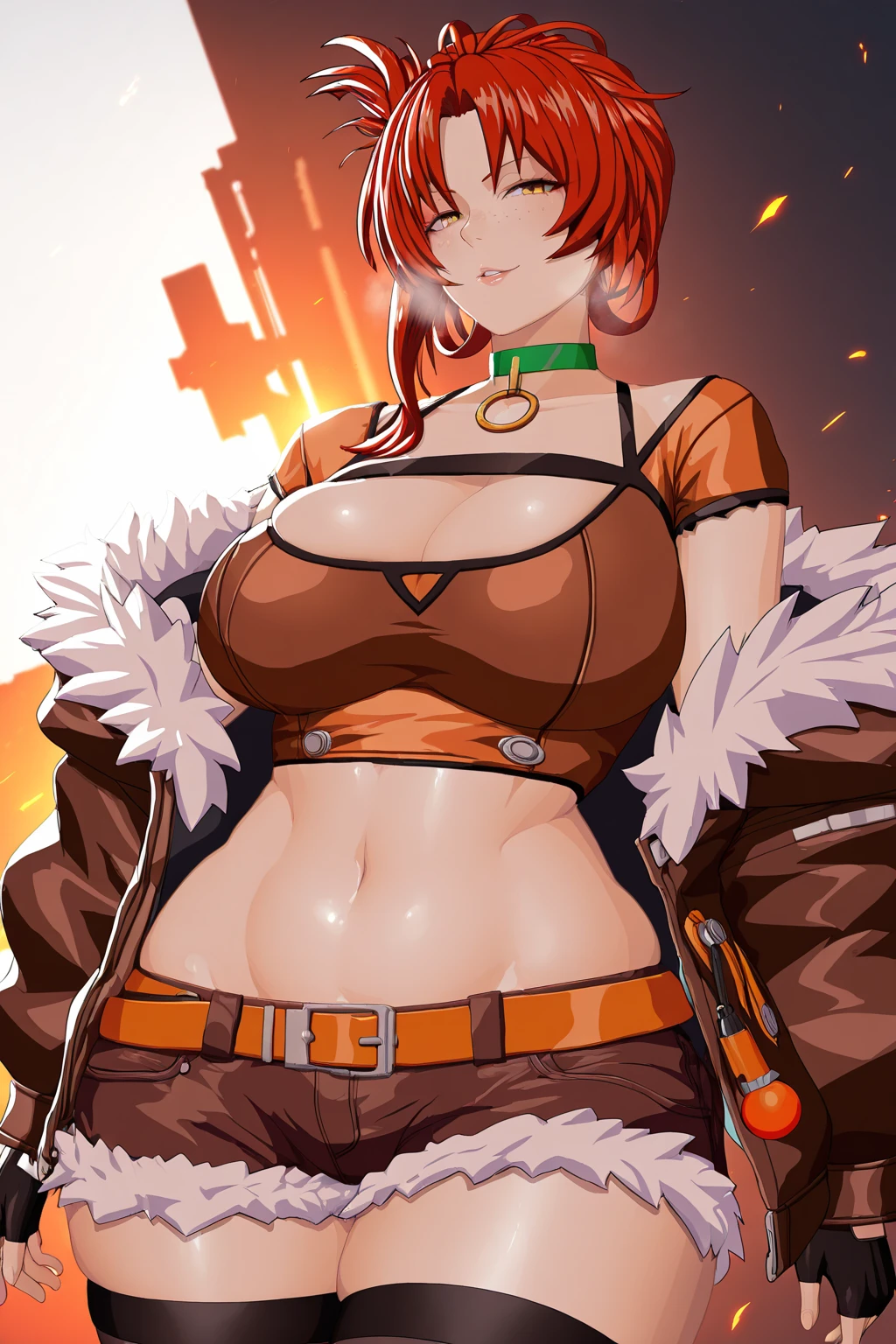 (minami_koyogi-style:1.4), (unadon-style:1.2), ((anatomical correct)), ((embers)), ((Cinematic, unreal engine, eye-catching, ambient occlusion, UHD, masterpiece)), ((perfect lighting)), perfect body, perfect eyes, perfect fingers, gasping, heavy breathing, gasping profusely, ((skindentation)), ((curvy)), Murata Himeko, short hair,messy hair,hair up,single hair bun,hair one side up,forehead,parted bangs,yellow eyes, plump, 1girl, breasts, shorts, thighhighs, solo, navel, fur_trim, cleavage, crop_top, freckles, choker, jacket, gloves, belt, midriff, black_thighhighs, looking_at_viewer, short_shorts, fingerless_gloves, brown_shorts, smug, makeup, fur-trimmed_jacket, parted_lips, explosive, thighs, cowboy_shot, off_shoulder, green_choker, lips, fur-trimmed_shorts, ((flabby stomach))