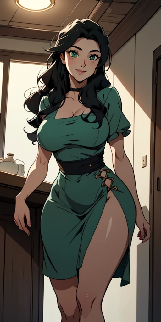 Front view, full body, 1woman, very curvy, huge breasts, massive ass, mature, smiling, long brown straight hair, green eyes, sexy dark green dress, slit on the left side, dark brown skin, pretty face, seductive, slutty, gigantic breasts!!!!, top heavy, overweight, chubby, ginormous breasts!!!!, expanding breasts, out of proportion breasts, worlds biggest breasts in the world