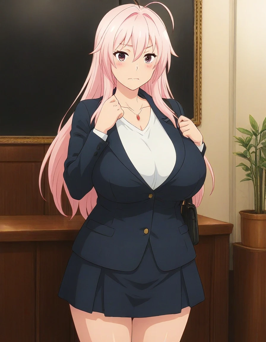 black suit, formal, pants, classroom background, rossweisse, (1 girl), anime cels style, best quality, high resolution, 1girl, (huge breasts:1.2), beautiful face, grey hair, aqua eyes, antenna hair, long hair, pink ribbon at hair, cowboy shot
