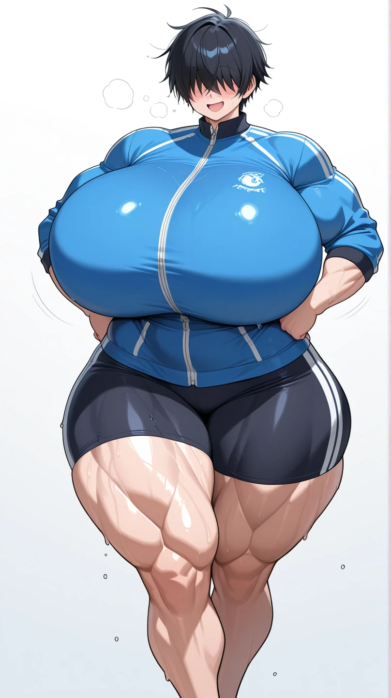 character 8k symmetrical, anime girl, blond hair, blond short hair, blue eyes, (((muscular))), huge breasts, thick thighs, solo, angry, (pale skin), running, working out, gym, erotic, bare feet, white background, android 18