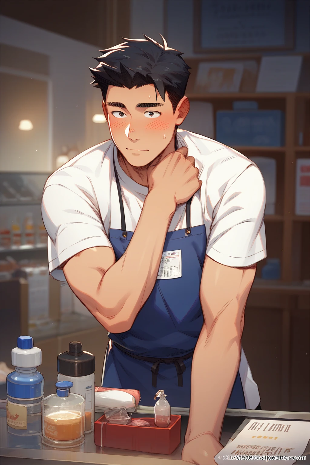 (Best quality: 1.0), (Super High Resolution: 1.0), (masterpiece, best quality:1.2), detailed, detailed hands, detailed eyes, score_9, score_8_up, score_7_up, furry, anthro, ((ram)), ((solo)), grandpa, (about 70 years old), (manly), curved horns, handsome face, huge, bangs, white beard, beard above mouth, fluffly fur, nipples, looking pleasured, sexually, sexy pose, SFW, coffee shop, (apron), flaccid, in heat, panting, sweat, sweaty, musk, (skinny, shy), hands touching, (looking at viewer, shy), blushes:0.3, close up view, (by bebebebebe, by syuro)