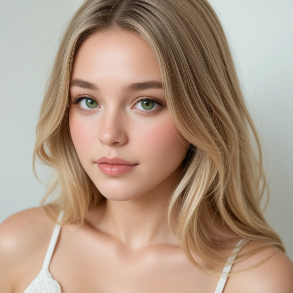 Young and cute girl, blonde wavy hair that falls gently in waves up to the shoulders, white skin, green and big eyes