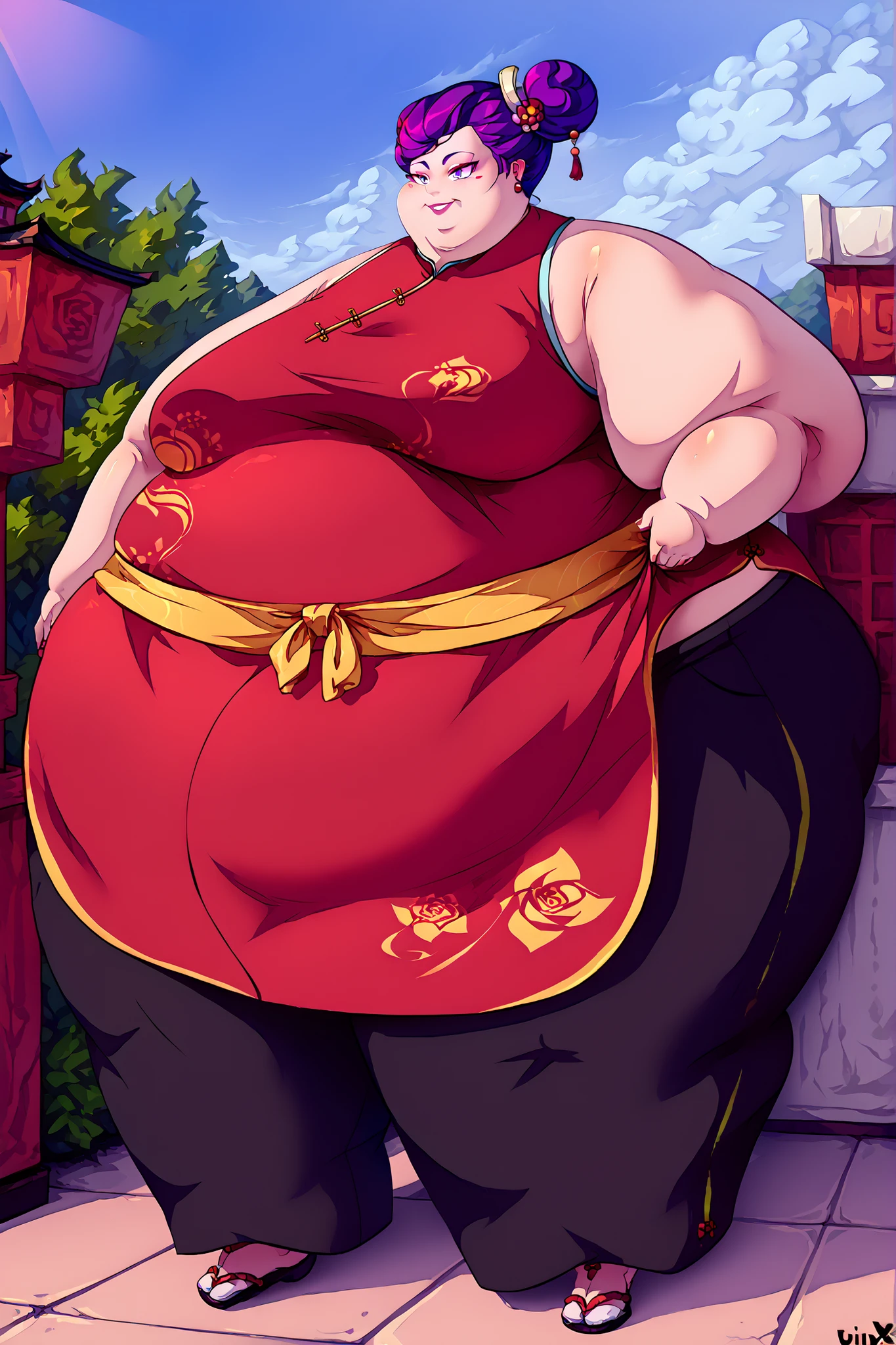 (masterpiece, best quality, high resolution, unity 8k wallpaper, extremely detailed CG:1), (illustration:1.0), 1girl,solo, Chinese clothes, sash, bare shoulders, pants, sleeveless,  full body, outdoors, smile