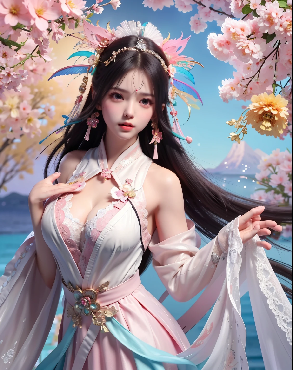 (8k, RAW photo:1.2), best quality, ultra high res,dramatic angle,(fluttered detailed color splashs), (illustration),(((1 girl))),(long hair),(rain:0.9), (Headdress:1.4),There is an ancient palace beside the girl,Hanfu,(Key Points),Color ink painting,(Splash of Color),Splash of Color,(((colorful))),(sketch:0.8) , Masterpiece, best quality, beautiful painted, highly detailed,(denoising:0.6),[splash ink],((ink refraction)), (beautiful detailed sky),moon,highly,detaild,(masterpiece, best quality, extremely detailed） CG Unity 8k Wallpaper，masterpiece，best quality，Ultra Detailed），（Lycoris）.shoulder ballet dress open V-chested clothes Thin silk lace dress short skirt , (huge ，cleavage),, white pink, blue ，best qualtiy，tmasterpiece，Ultra-high resolution，（Reality：1.4），RAW photogr，（True skin texture：1.3），（filmgrain：1.3），（Selfie angle），1个Giant Breast Girl，Beautiful eye and face details，tmasterpiece，Best quality at best，，The chest more exposed， detailed hair, bra pink , detail 8k, full body, lace petticoat. play guzheng