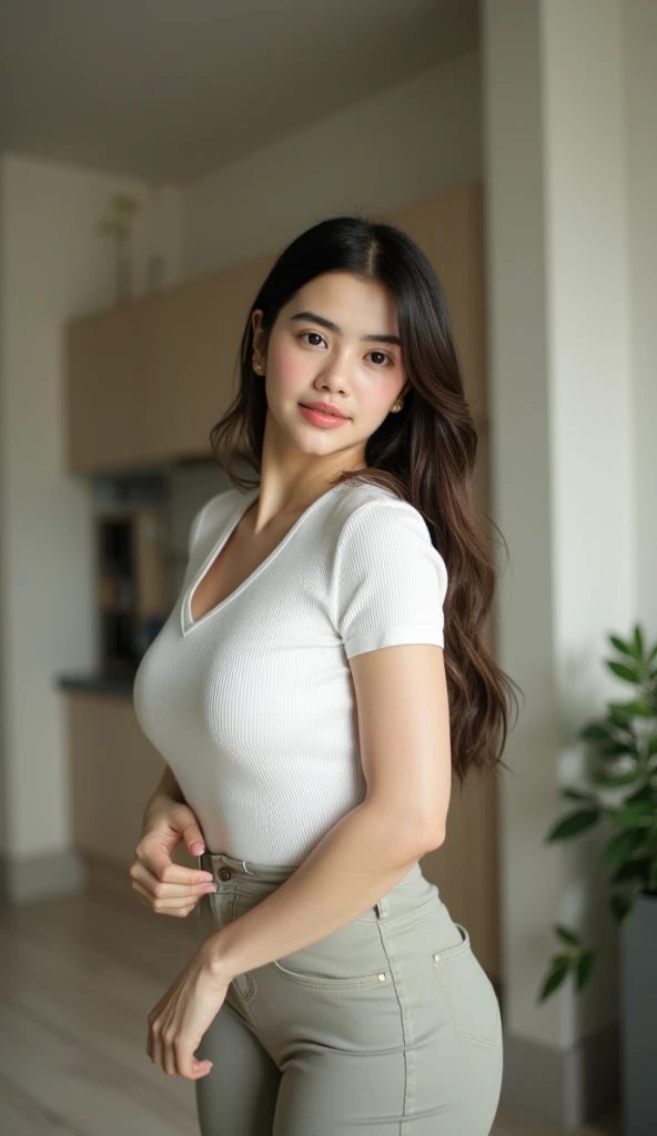 RAW, Best quality, high resolution, masterpiece: 1.3), beautiful asian woman, Masterpiece, perfect fit body, big breasts, beautiful eyes, ((tucked hair)), brown hair, open stand, Soft smile, thick thighs, Beautiful limbs, she is about 20 years old, pale skin Indonesian girl, beautiful woman