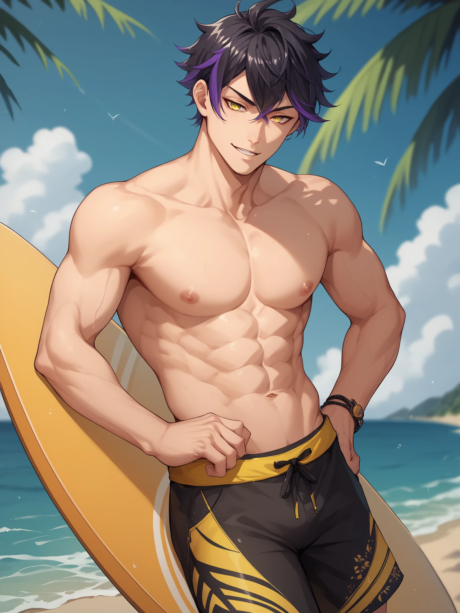 japanese,nsfw, boy,beach.swimsuits,stand.looking at viewer,penis,penis in the swimsuits