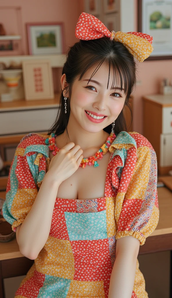 (best quality:1.2),(ultra detailed,highres,HDR,8k,3D,realistic,photorealistic,super fine,effects,official art,detailed background), (very happy smile,young,Japanese,detailed beautiful face), (Happy days),(round face,small face beauty), (dynamic pose:1.3), (head to thighs:1.3), ((Multiple types of fruits: 1.2), (Tropical fruits: 1.2), (Fruit cross section: 1.3):1.3), (Dress made from indigo-dyed cloth), (Slacks made from indigo-dyed cloth), (Indigo-dyed shibori cloth)