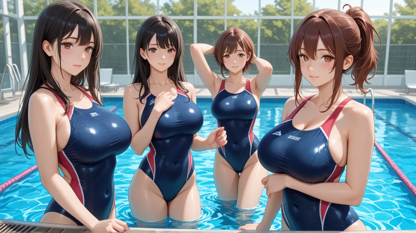 NSFW, (4+girls:1.5), (alternate athlete swimsuit pool), tanned skin, dark tanned skin, oil, line up, girls in row, crowd, looking at viewer,masterpiece, top quality, ultra high definition, highest resolution, very detailed, professional lighting, clean skin, CG illustration, slender, very cute, young face, cleavage, lower breast, wet body, (breasts out:1.4), black hair, short hair, semi-long hair, hair ribbon, blue eyes, blush, lying down, open legs, legs raised, navel, from below, wet body, (breasts out: 1.4), (plastic bag 1.2), transparent swimsuit, pool, (wind: 1.3), girls playing behind