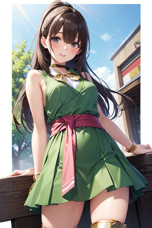 yang xue, light brown hair, maintain original hairstyle, ornament on hair, clear clean green eyes, wearing her original dress, standing outdoors, cowboy shot