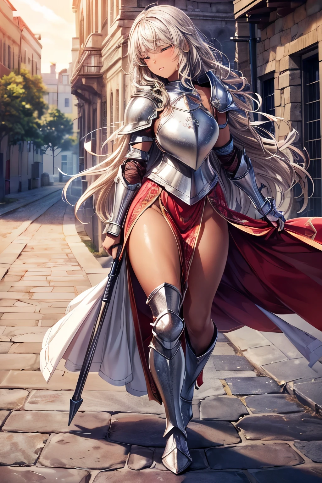 photorealistic, high resolution, 1women, shining skin, solo, hips up, tattoo, jewelry, pink lips, long white hair, blue eyes, closed mouth, castle, full armor, red armor, armored skirt, cloak,