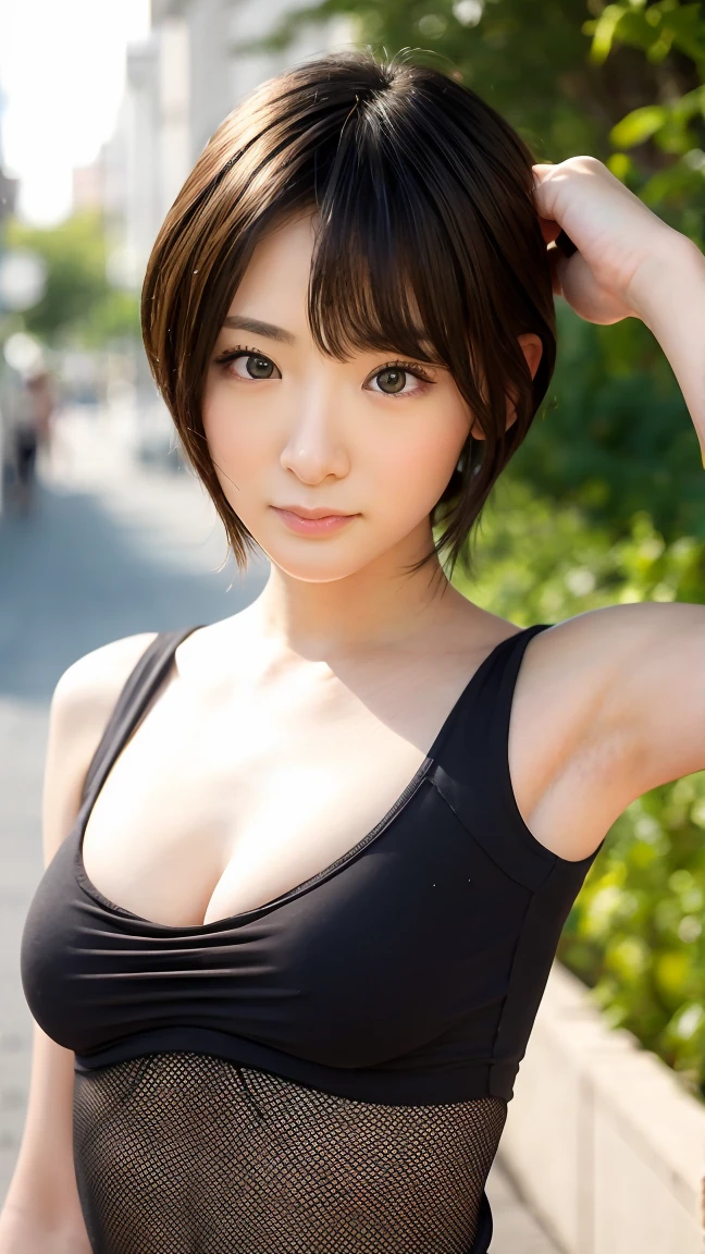 (RAW Photos), (Small breasts:1.0), (Sharp focus: 1.5), (Super detailed), (Intricate details), (Shiny skin:1.5), (Oilskin:1.0), (最high quality, High resolution, High resolution:1.5), (Upper body portrait:1.5), (Realistic: 1.37), (Ultra-realistic,32k), (Skin with attention to detail:1.1),(high quality:1.1), High resolution, Super detailed, Very detailed, Very complicated, Film Grain, (Photo of a 19-year-old Japanese woman:1.5), (Are standing at gas station), (smile:1.5), (Brown Hair, Short Hair), Very detailed face, Very large eyes, (Tank top, Shorts:1.5), (Very detailed skin texture, Realistic dull black skin noise, dry skin, Age-related wrinkles:1.6), whole body, Are standing, Positive, View your viewers, Cowboy Shot, Perfectly centered, Natural light,