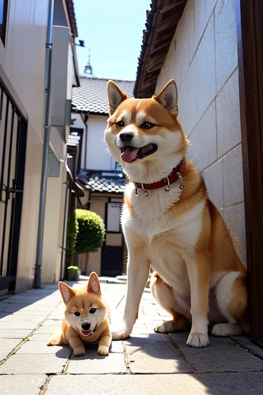 yelendef, full body, a big dog, a small baby boy, sitting side by side on the steps, smiling, happy, outdoors, Japanese shopping street, building, daytime, simple background, blue sky, short hair, sky, looking at the audience, stairs, moody lights, facing the audience, --auto