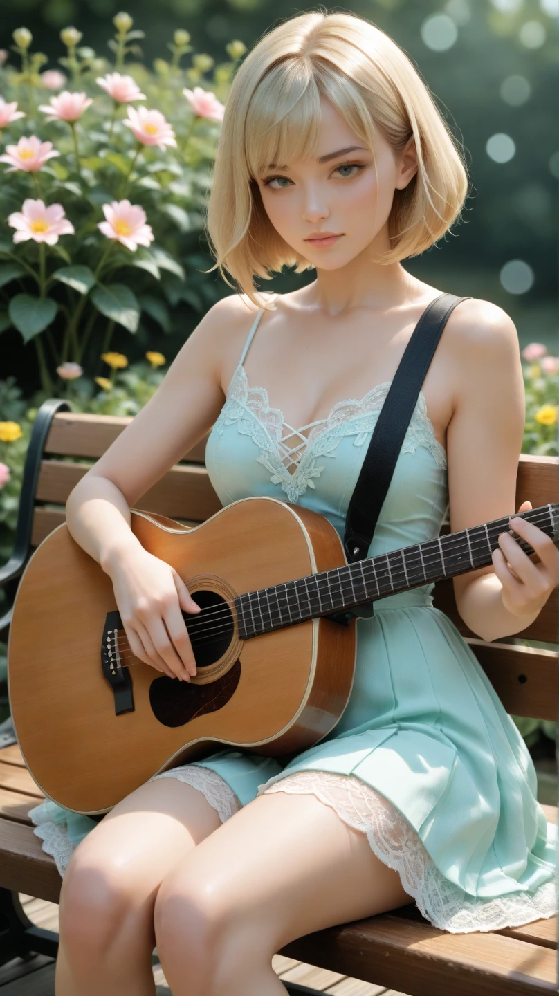 (Highest quality, 4K, 8k, High resolution, masterpiece:1.2), Very detailed, (Realistic, photoRealistic, photo-Realistic:1.37),Japanese,(Dull blonde pixie cut）woman,(Black choker：1.0)Large Breasts、Orgasm Facial、Street corner at dusk、A girl playing guitar at a concert