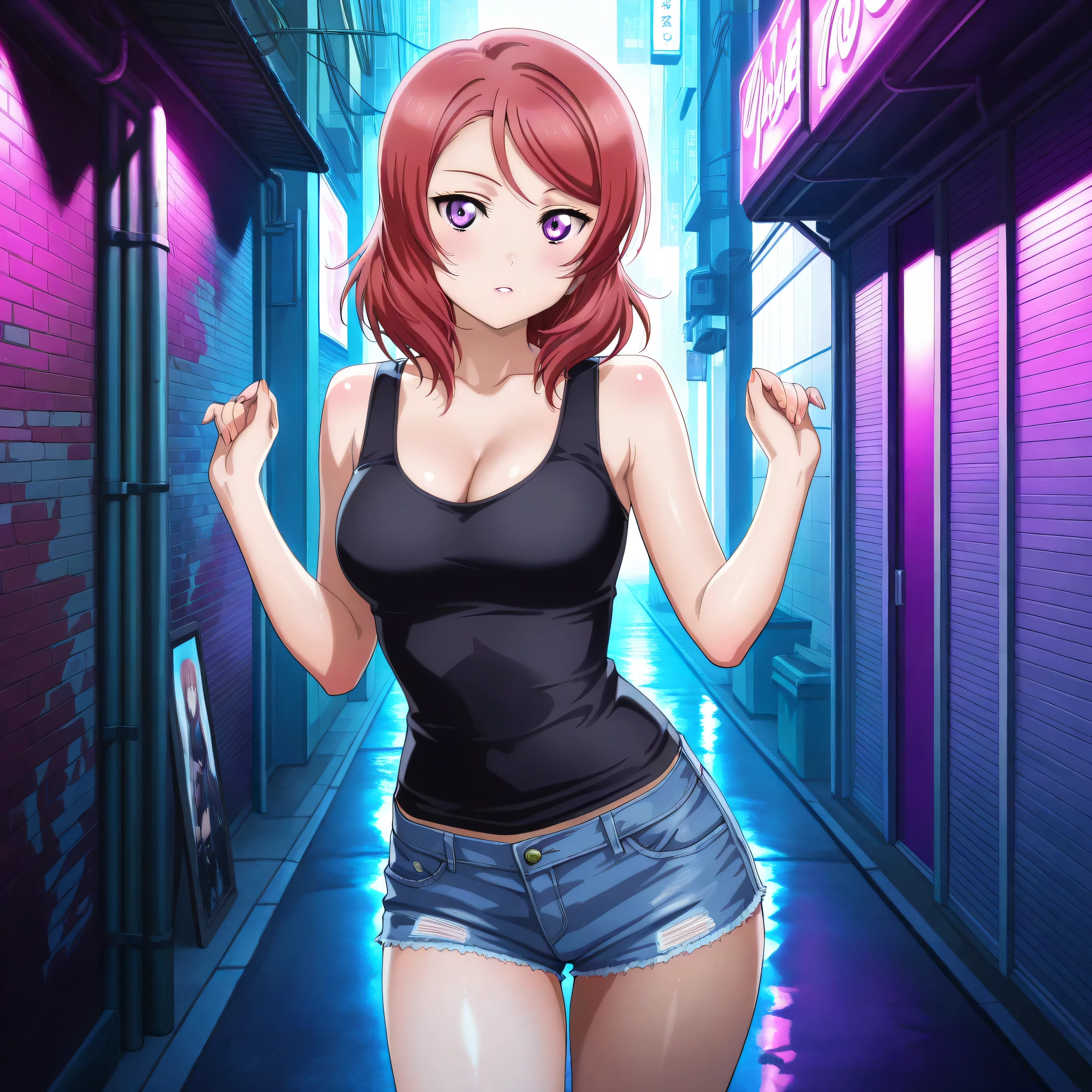 masterpiece 4k, best quality, girl, beautiful face, clean skin, shiny hair, shiny skin, beautiful face, perfect eyes, high quality shine, best quality, very aesthetic 4k, absurd, perfect body quality, beautiful curves, perfect, perfect genitals, beautiful ambient light, beautiful aesthetics, very realistic scenery, high quality 4k, masterpiece,best quality,absurdres,newest,highres, official art, 1girl maki nishikino, short hair, purple eyes, red hair, mature female, large breasts, cleavage, short jean shorts, short black top, in the city of tokyo in an alley with a lot of dark graffiti, luiz shadow realistic beautiful realistic scenery, posing to take a photo, sexy pose with naughty look at the viewer