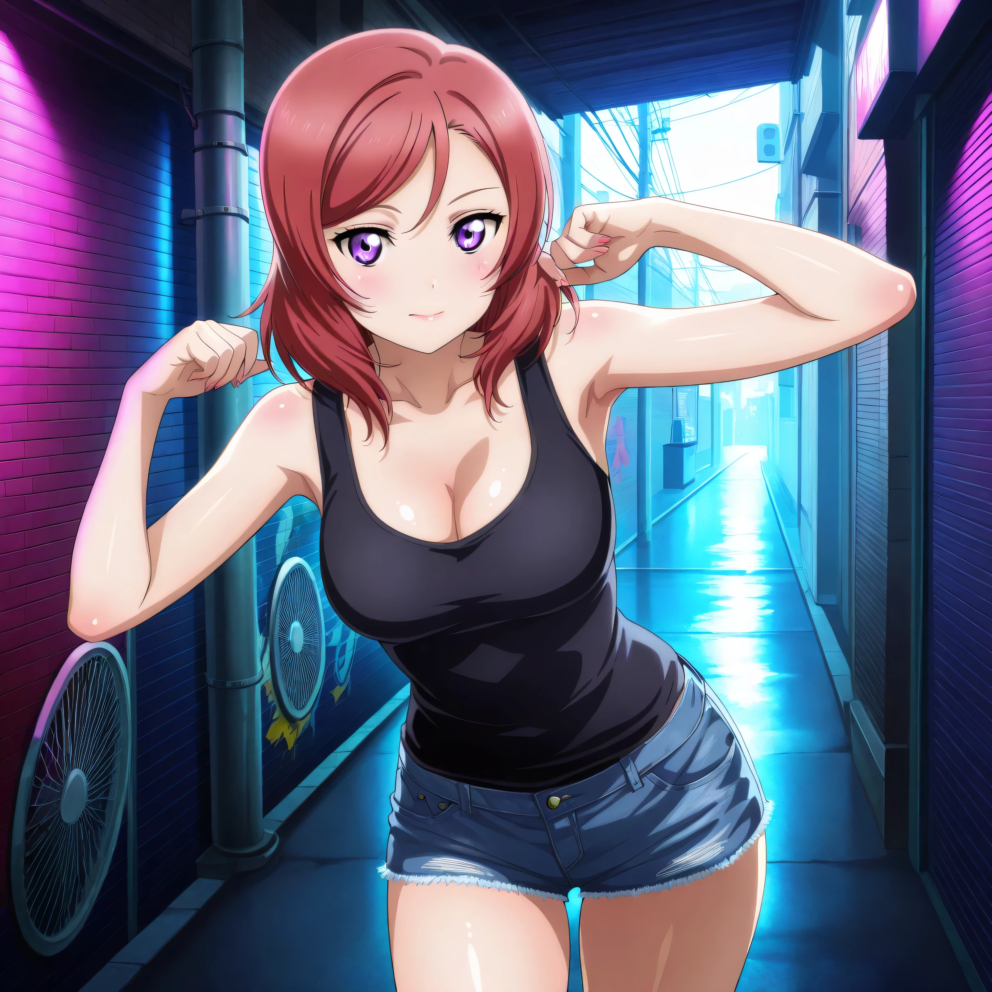masterpiece 4k, best quality, girl, beautiful face, clean skin, shiny hair, shiny skin, beautiful face, perfect eyes, high quality shine, best quality, very aesthetic 4k, absurd, perfect body quality, beautiful curves, perfect, perfect genitals, beautiful ambient light, beautiful aesthetics, very realistic scenery, high quality 4k, masterpiece,best quality,absurdres,newest,highres, official art, 1girl maki nishikino, short hair, purple eyes, red hair, mature female, large breasts, cleavage, short jean shorts, short black top, in the city of tokyo in an alley with a lot of dark graffiti, luiz shadow realistic beautiful realistic scenery, posing to take a photo, sexy pose with naughty look at the viewer