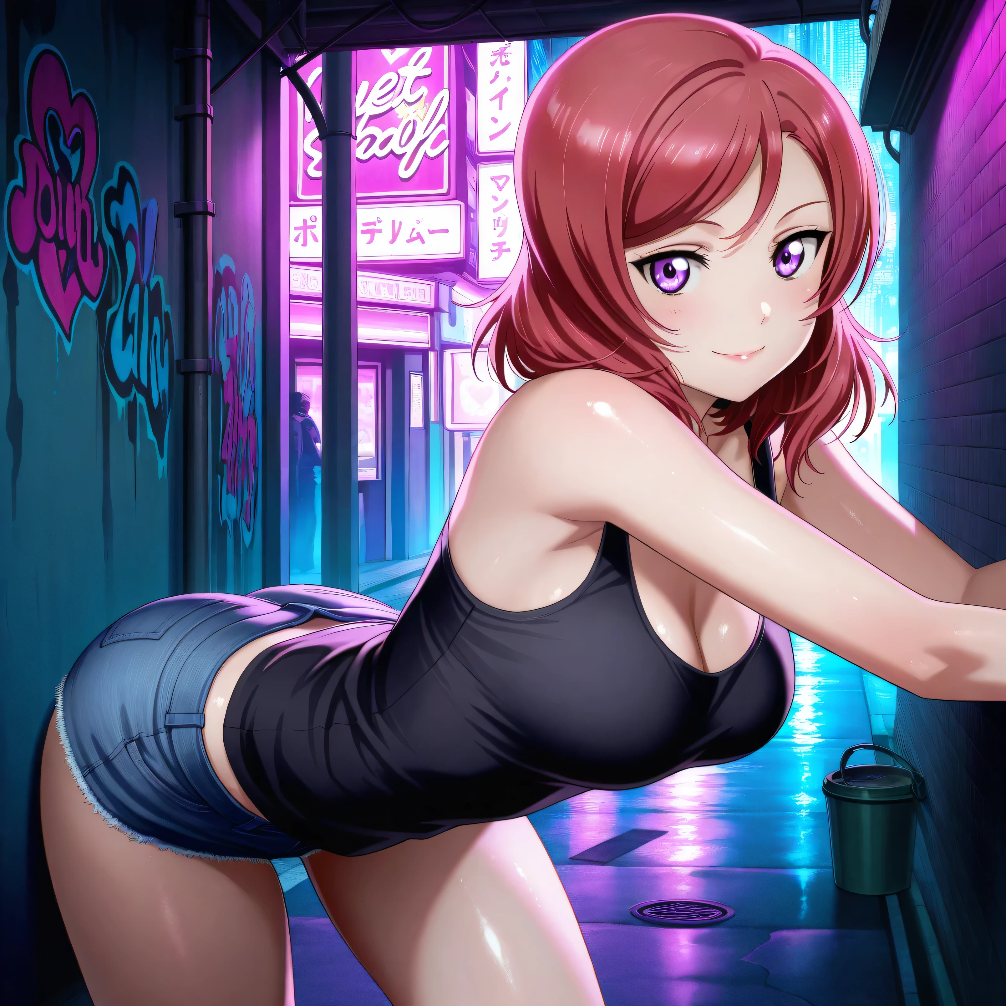 Masterpiece, best quality, from side, nishikino maki, red hair, purple eyes,cowboy shot,solo ,gothic make up ,crop top, ((colossal cleavage)), denim shorts, choker, (graffiti:1.5), paint splatter, crossed arms, against wall, looking away, armband, thigh strap, paint on body, head tilt, bored, headset, fishnet pantyhose naked,love live style