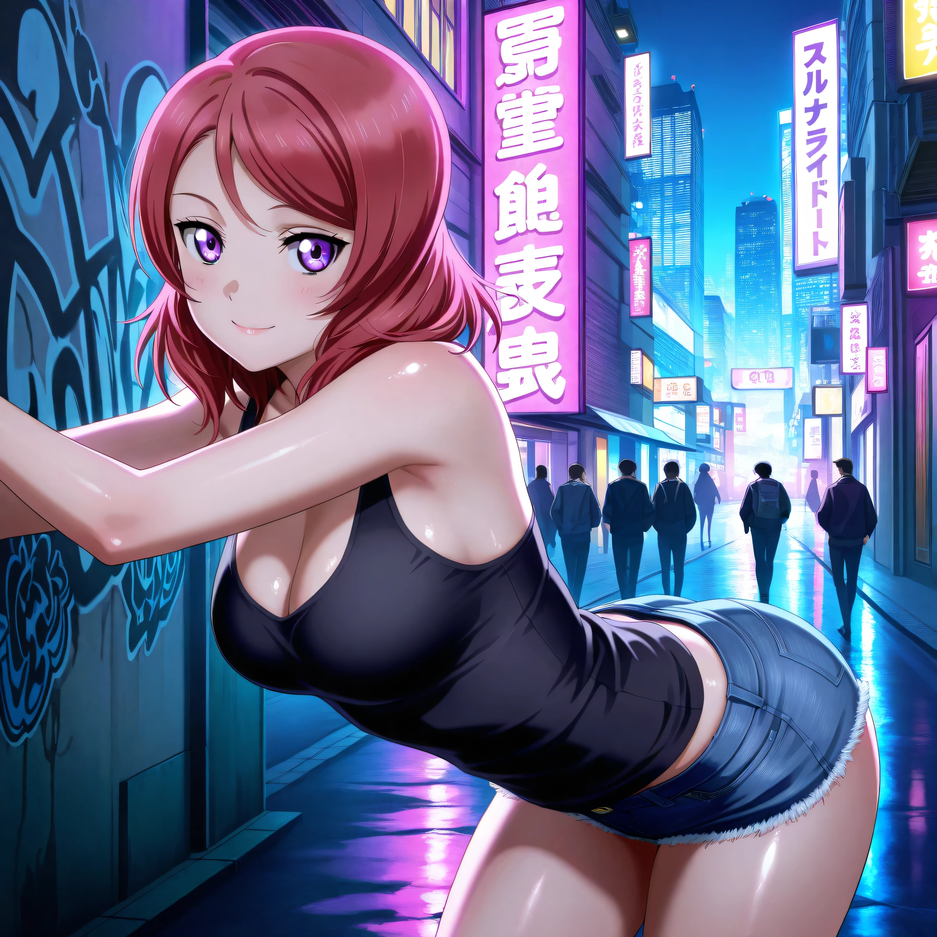 masterpiece 4k, best quality, girl, beautiful face, clean skin, shiny hair, shiny skin, beautiful face, perfect eyes, high quality shine, best quality, very aesthetic 4k, absurd, perfect body quality, beautiful curves, perfect, perfect genitals, beautiful ambient light, beautiful aesthetics, very realistic scenery, high quality 4k, masterpiece,best quality,absurdres,newest,highres, official art, 1girl maki nishikino, short hair, purple eyes, red hair, mature female, large breasts, cleavage, short jean shorts, short black top, in the city of tokyo in an alley with a lot of dark graffiti, luiz shadow realistic beautiful realistic scenery, in the city of tokyo in an alley with a lot of dark graffiti, luiz shadow realistic beautiful realistic scenery, in a bent position showing big ass, big eyes with a smile