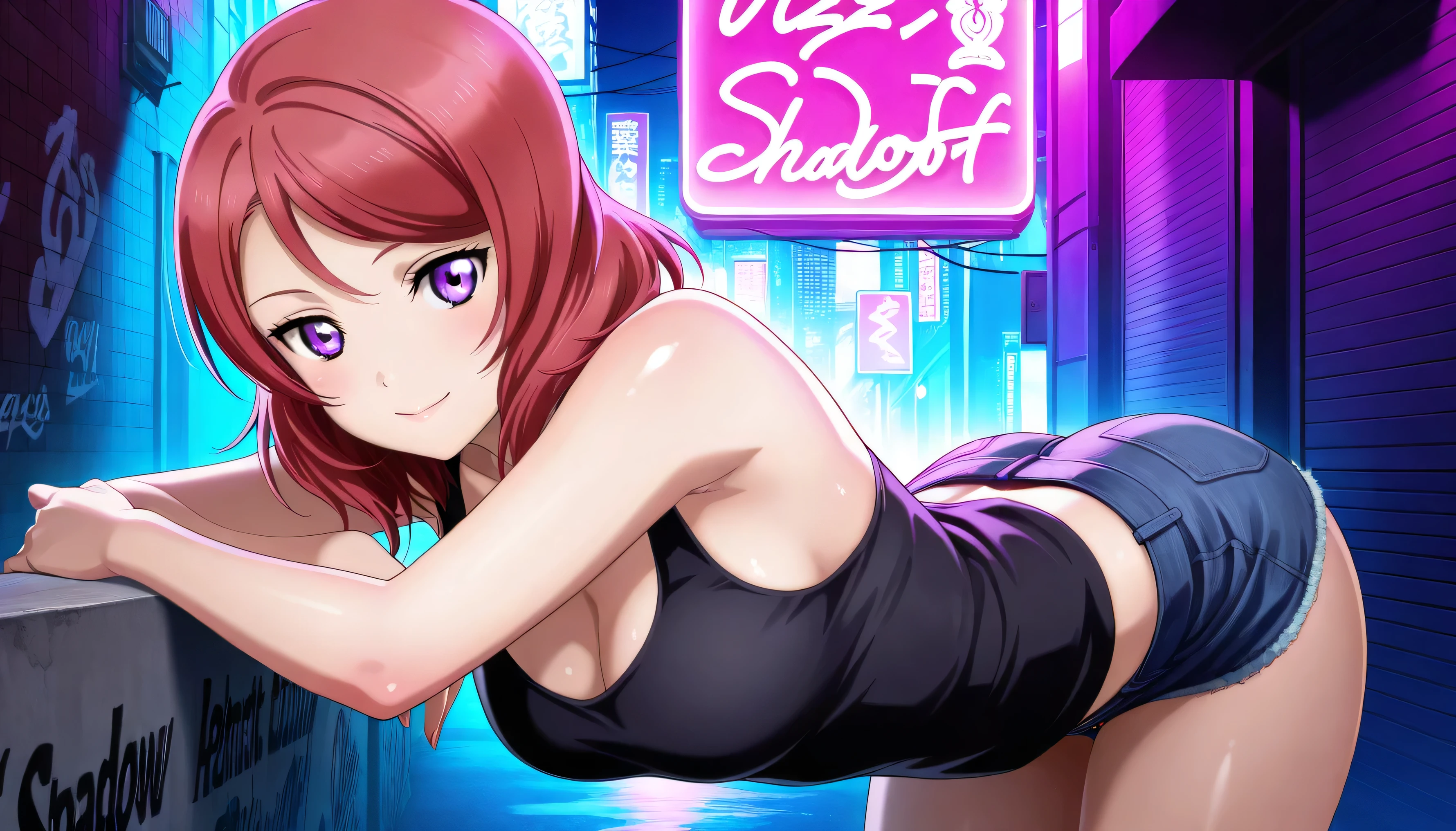 masterpiece 4k, best quality, girl, beautiful face, clean skin, shiny hair, shiny skin, beautiful face, perfect eyes, high quality shine, best quality, very aesthetic 4k, absurd, perfect body quality, beautiful curves, perfect, perfect genitals, beautiful ambient light, beautiful aesthetics, very realistic scenery, high quality 4k, masterpiece,best quality,absurdres,newest,highres, official art, 1girl maki nishikino, short hair, purple eyes, red hair, mature female, large breasts, cleavage, short jean shorts, short black top, in the city of tokyo in an alley with a lot of dark graffiti, luiz shadow realistic beautiful realistic scenery, in the city of tokyo in an alley with a lot of dark graffiti, luiz shadow realistic beautiful realistic scenery, in a bent position showing big ass, big eyes with a smile