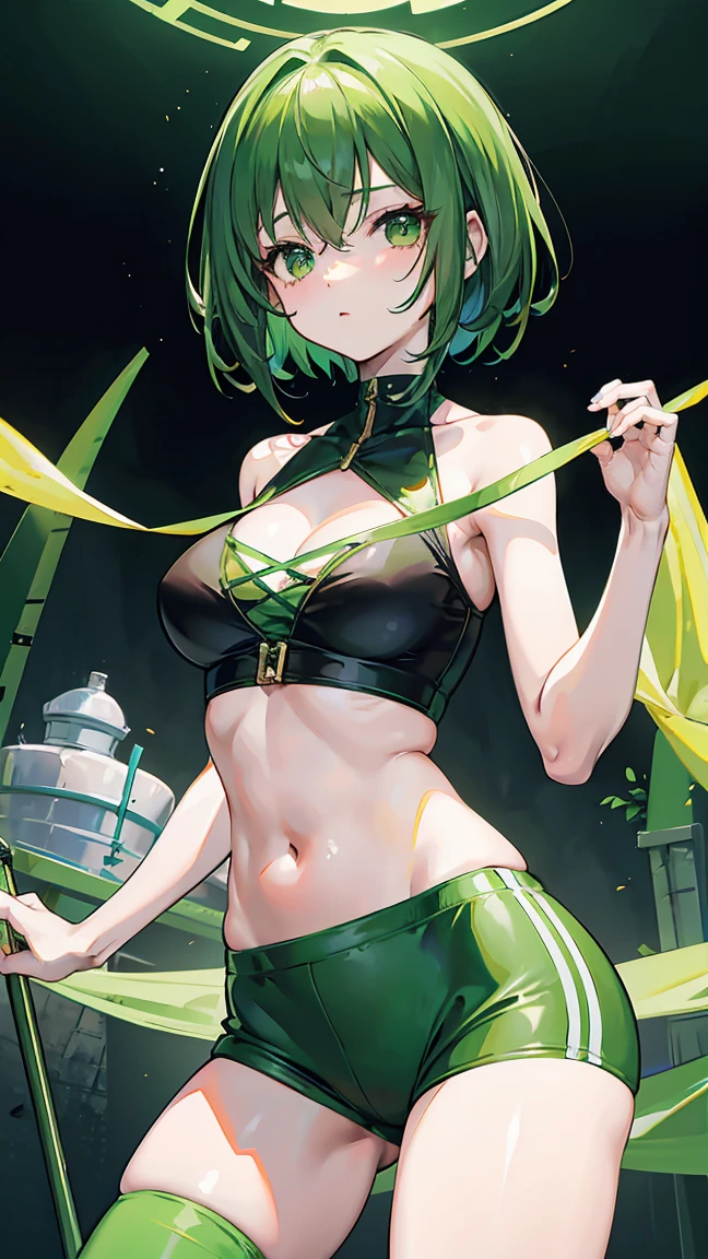 girl, tall, hidden arms, blue_and_green hair, detailed pretty eyes, navy blue eyes, evil smile, medium boobs, long areolas, mid waist, ripped abdomen, medium thighs, school uniform, long black stockings, detailed clothes, sexy pose, masterpiece, hyper realistic, high definition