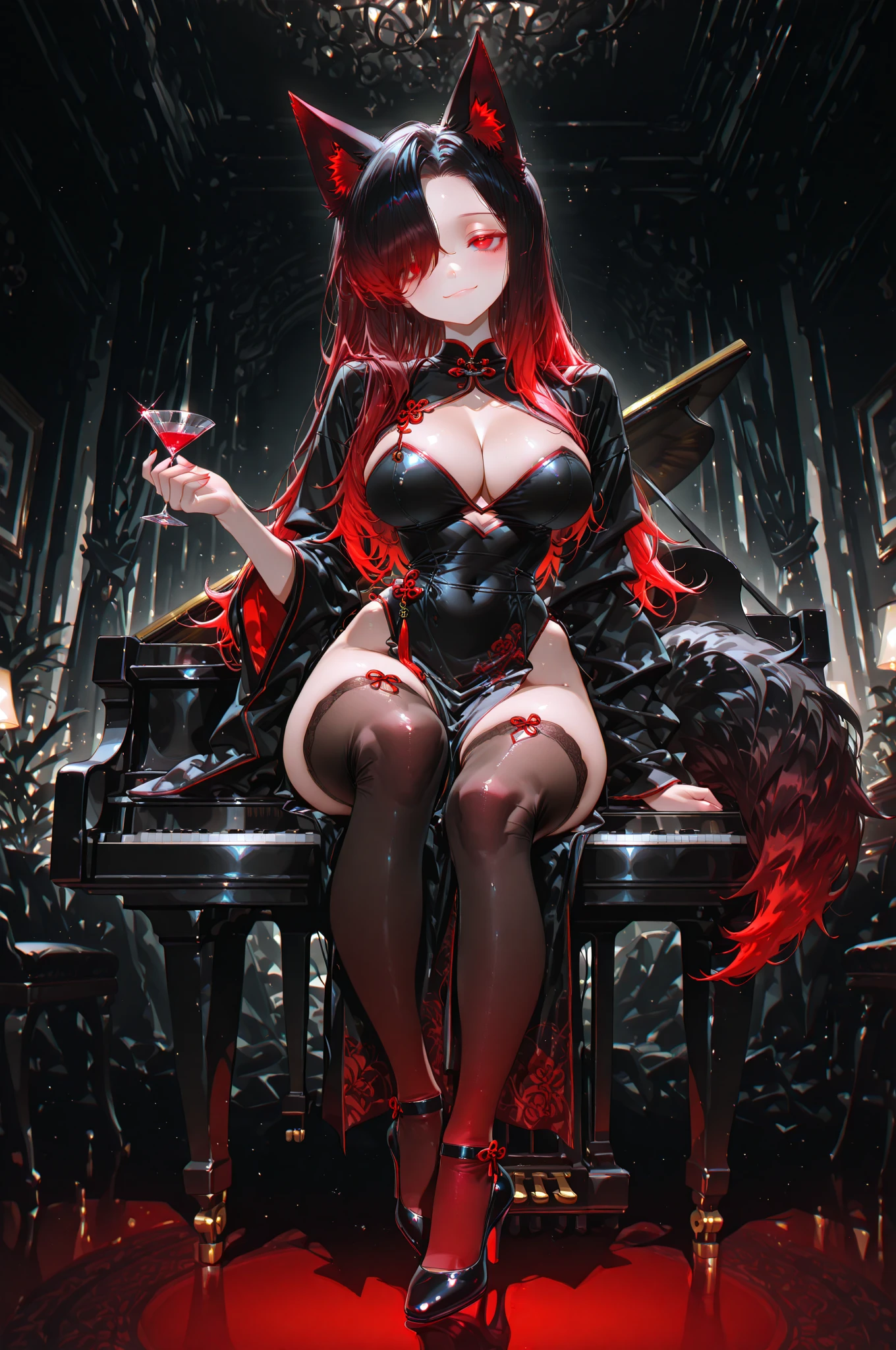 1girl, red hair, red background, looking at viewer, chess board, chess pieces