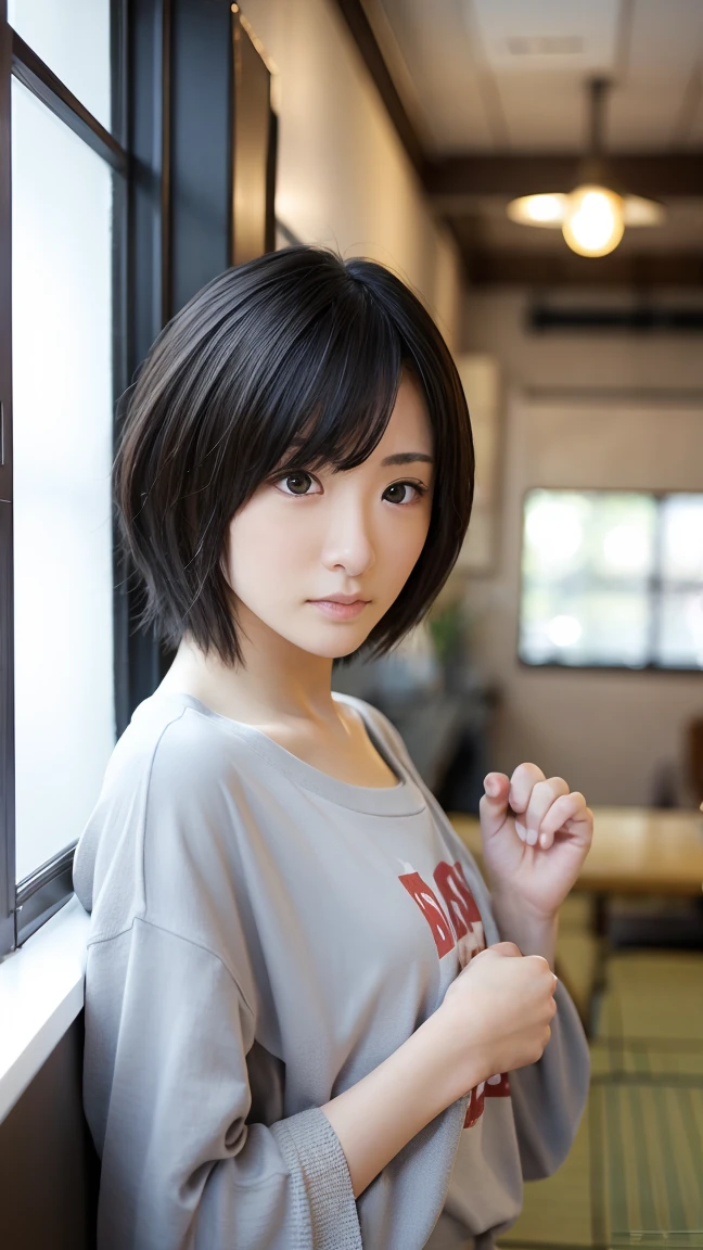 Japan, female in her 35s, Small breasts, skinny, low length, Short hair with bangs, boyish, Plain white T-shirt, photo-style description, 8K description, sunlight, nature, Tabletop, perfection、(In a room with white walls and a window、Shot in a beauty salon)、Shot in nature light、Winter clothes、Various poses