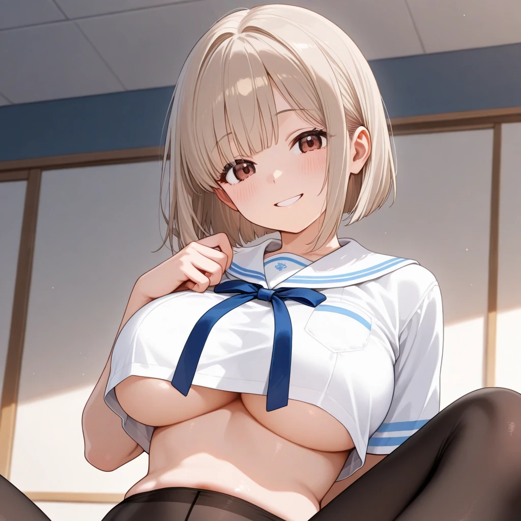 (Browsing Caution:1.5),(((Perfect Anatomy, Anatomically correct, Very detailedな肌))), 1 girl, Japanese, Shiny skin, Observe the audience, ((From above)), Beautiful Hair, Beautiful Face, Beautiful details, (short hair:1.1, Bobcut:1.2), Dark blonde hair:1, blue eyes, Baby Face, Mole under the eye, Beautiful clavicle, Beautiful body, Beautiful breasts, Big Breasts:1.2, Beautiful thighs, Beautiful feet, Camel Toe, Gray virgin killer sweater、Captivating thighs, ((Embarrassing, Scared, sad, tears, cry, Half-open mouth)), Kneel、 (Beautiful views), summer, School, locker room, 8k, highest quality, Masterpiece:1.2, Very detailed), (Realistic), Beautiful illustrations, Natural light, whole body,((Showing nipples:1.5))、((vagina:1.2、SEX:1.5、Woman on top、Strong man))、