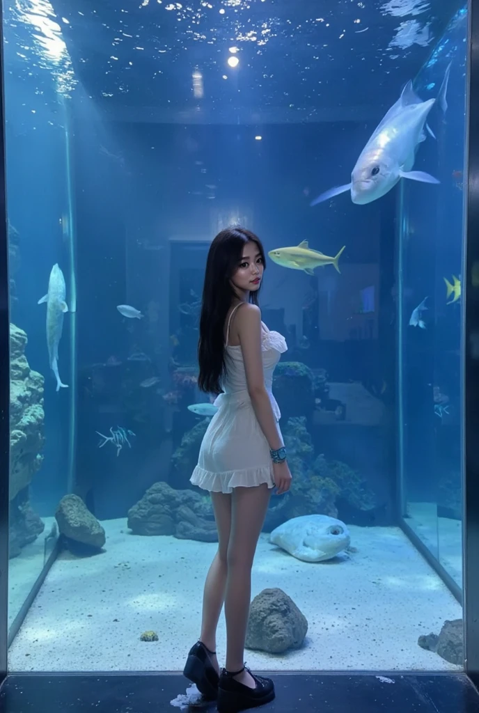 ((masterpiece)), (highest quality), 23 years old,Very detailed, finely, (High resolution), (8k), ((Perfect front viewcomposition)), (Natural color lip),(Side Ponytail:1.3),(((big aquarium内で前を向いて立っている, Look at me and smile))),((Silk Rainbow Short Dress)),((From the whole body to the toes:1.3)),((Perfect front view)),((big aquarium)),((Natural pose)),,((Big ribbon on thigh)),((Normal size buttocks)),((Ample breasts)),((Full and firm breasts)),(Look at me and smile),