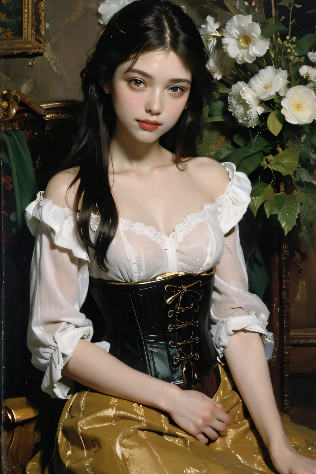 (best quality, masterpiece:1.2), portrait from the knees of slim Very Beautiful ten girl, standing, in late 18th century lingerie, Duane Bryers style