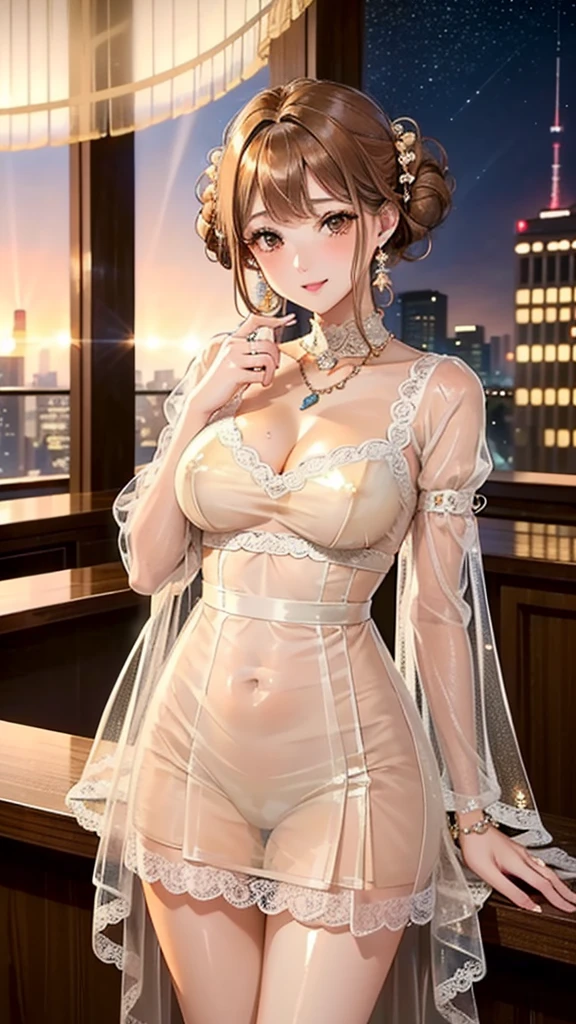 (((drooing eyes,put on glasses,Small eyes,roundly eyes,Round face,Medium Hair,saggy tits))),((green silk lingerie)),8K, masutepiece, Raw photo, Best Quality, Photorealistic, Highly detailed CG Unity 8k wallpaper, depth of fields, Cinematic Light, Lens Flare, Ray tracing, (Extremely beautiful face, Beautiful lips, Beautiful eyes), intricate detail face, ((Ultra detailed skin)) 1girl in, In the Dark, deepshadow, cute asian girl, Idol,(Very slim and slender fit muscular body:1.3), ((Looking at Viewer)),(Big smile:1.3), (Cityscape, Blurry background), (dim lights, teto, veranda), Pretty girl, earrings, Bracelets, Necklace, Walking , Front shot, (pale skin), Face forward, (Big eyes), ((cowboy  shot)), ((see through, show through,White pajamas :1.3,Pink nightgown:1.3)), (Brown hairs) (Looking at Viewer:1.3), opened breast, open navel, beautiful boob, shiny, veranda, (Naked), (laced stockings)