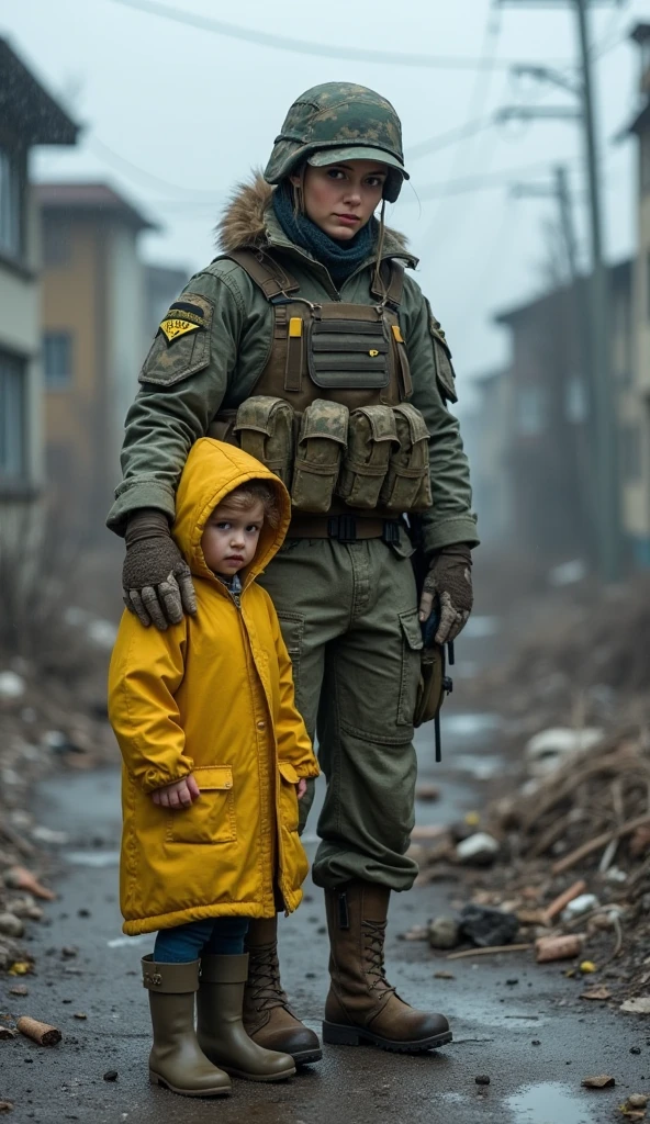 Military masked man with a baby