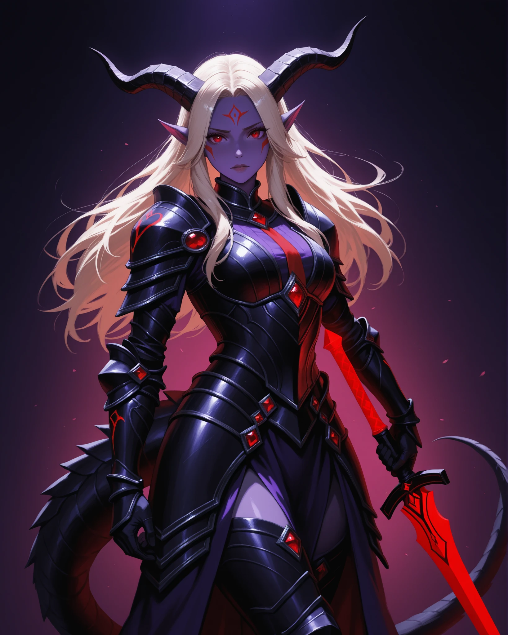 (1girl) (digital) (in detailed prison, (horns, armor, colored skin, monster girl, demon girl, tentacles, claws, color drain two-tone eyes eyetype)) , best quality, <lora:boldline:0.2> <lora:hairdetailer:0.2> slaanesh <lora:slaanesh:1>