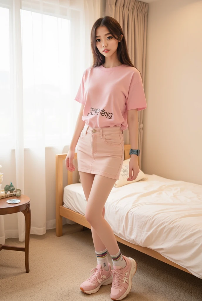 (8k, RAW photo, best quality, masterpiece:1.2)、(Real、Photorealistic:1.37)、1 Girl、Japanese、Black Hair、Long Hair、(from below:1.4), (a 18years old pretty Japanese girl standing on long stairs、nurse uniform)、Iron railings on hospital stairs、((View your viewers))、(Pink one-piece nurse uniform、Short sleeve、Pink microdress nurse uniform、White panties)、(White panties are visible through the mini skirt)、Have a black chart