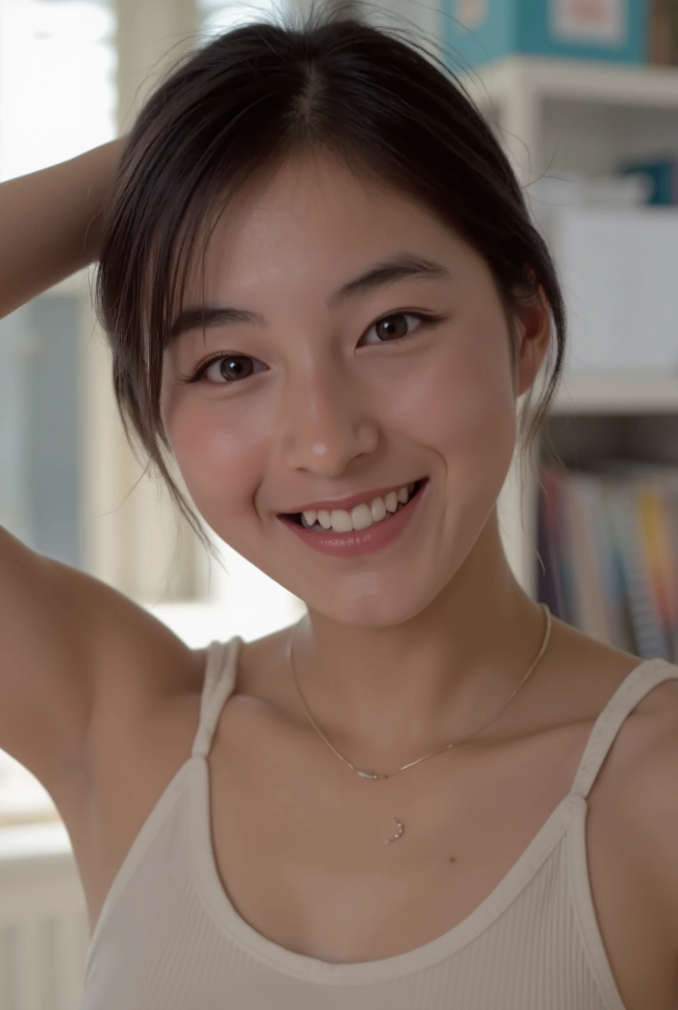 smile:2.0、 (super precise human body structure , Highest Quality 、 RAW photos、8k、32K、masterpiece、 realistic、 Photorealistic:1.37)、images of cute Japanese women removing items from shelves、 tank top、 shot in natural light、 upper body、 1 girl on break day、photo mapping、 Physically Based Rendering、 excellent image quality、 high resolution、1080P、( beautiful face above the castle gate)、( face)、( Detailed description of the handsetter ' muscle area )、( CG Details )、 rich details 、( AMAZING FEATURES :1.35)、( detailed eyes)、I'm looking forward to seeing your eyes、Delicate clavicle、非常にリアルで詳細な若い女性の upper bodyポートレート。 Beautiful skin 、 頬に柔らかなLight is reflected ています.、 Extremely realistic and detailed upper body portrait of a young woman with fine pores and hair roots、 I can see even the thinnest blood vessels 。The skin is smooth、She has a natural flush to her cheeks 、Healthy glow。 eyes are big, clear blue、There is a fine pattern on the iris Mr. .There is、 Light is reflected 、It's shining in the eye。 I have a slight shadow under my eyes 、 Extremely realistic and detailed upper-body portrait of a、Naturally Curly。 Extremely realistic and detailed upper-body portrait of a young woman with gentle pink lips 、 Smooth texture that gives off a natural glow 、 The background is a pale black and white gradient、焦点は完全に顔と upper bodyに当たっている。 realistic shadows and textures、 Pictorial Description.。 The nipples are transparent