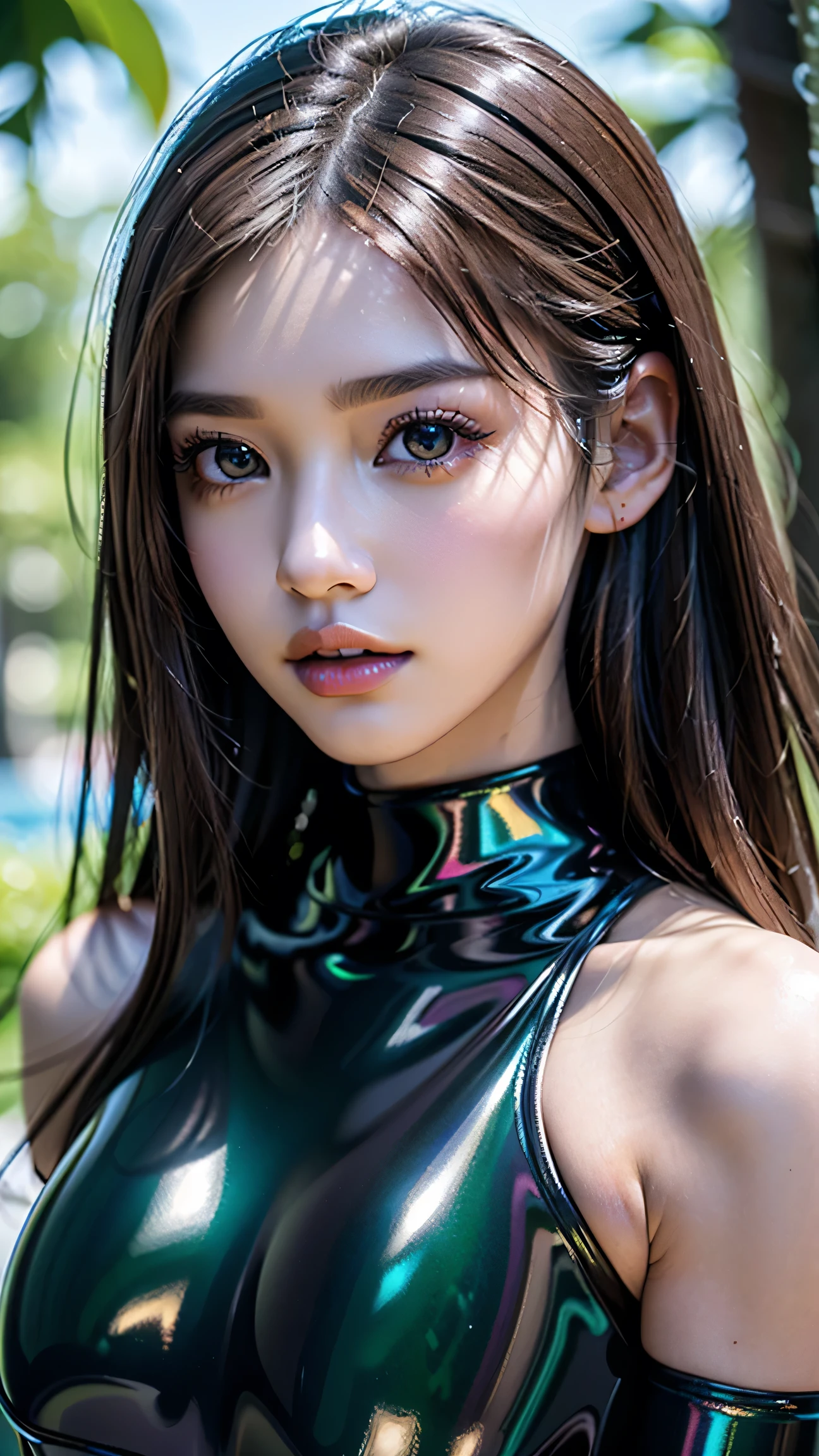 masterpiece、highest quality、8K、 ((Upper shot close-up)) 、1girl、(16 years old)、Jet black background、Simple Background、、、 Sad blue eyes、Soft Face、Beautiful anime faces、slim、slender、Transparent PVC clothing、Transparent vinyl clothing、prism、Holographic、chromatic aberration、colorful