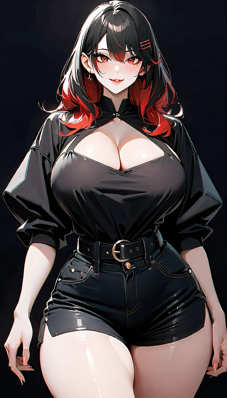 (best quality:1.5, highres, UHD, 4K, detailed lighting, shaders), redhead afro haired, gradient hair, large breasts, suit, black shirt, black social shirt, black short skirt, mature woman , (pov), white background, colorful eyeshadow, dramatic lighting, sparkling eyes, sensual expression, golden earrings, flowing hair, delicate facial features, soft skinned, high cheekbones, urban setting, white background, dont look for the camera, lean forward,