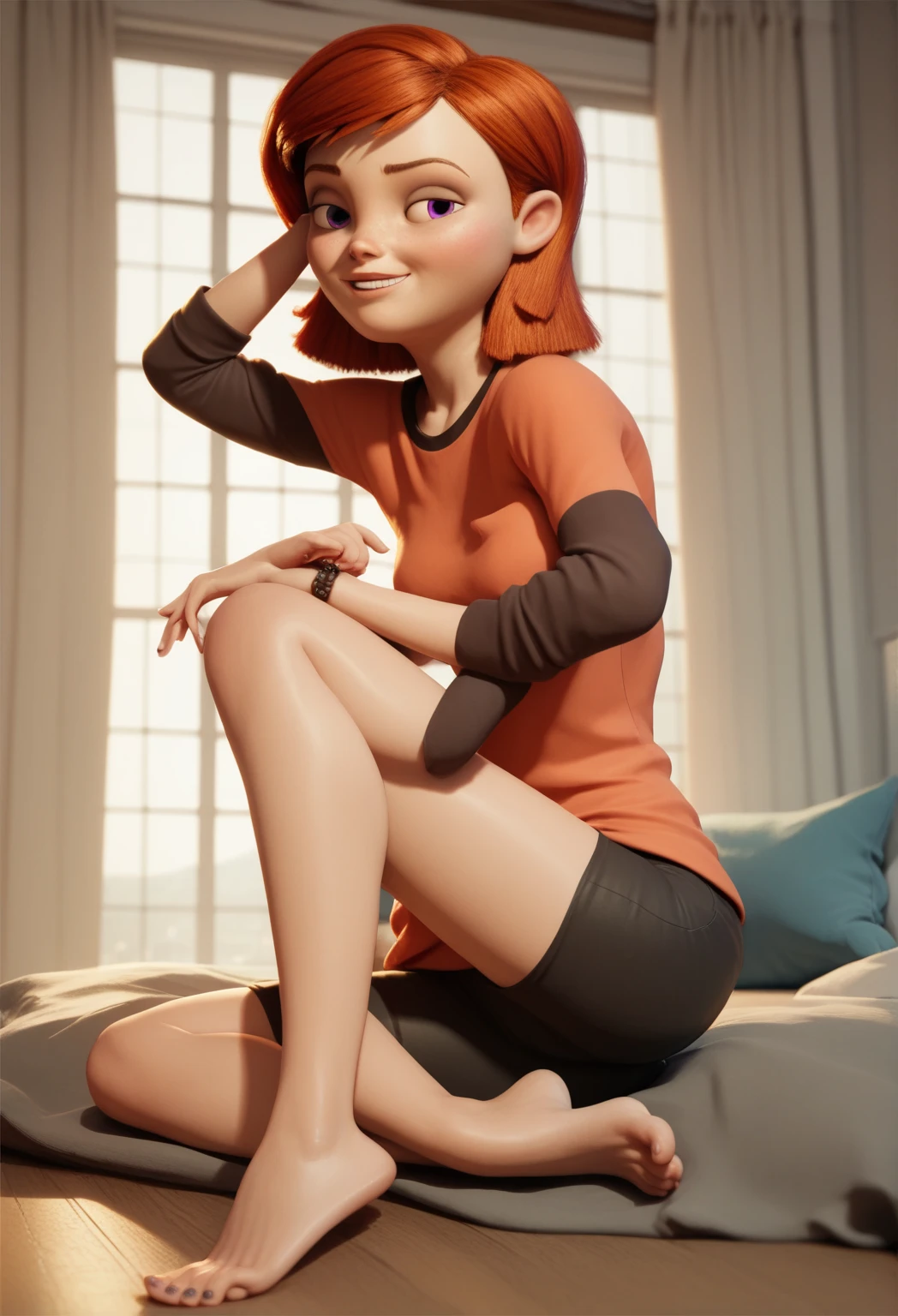 Create a full-body portrait in a masterful digital art style. The subject is a woman in her thirties, with short ginger hair, showcasing a vividly detailed, heavily freckled face and body. She has a , athletic build with a flat chest and a toned, lithe physique. Dress her in preppy clothing. Have her sitting on a couch in a living room. The artwork should be in 16k resolution, 64 megapixels, with a detailed background. Ensure her expression is a smile, and she is gazing directly into the camera. Apply the rule of thirds for composition and include extreme detail and high resolution. Incorporate subtle bokeh effects (bokeh:2) and backlight for added depth. SimplePositiveXLv2, PDXL_DblBunGrl